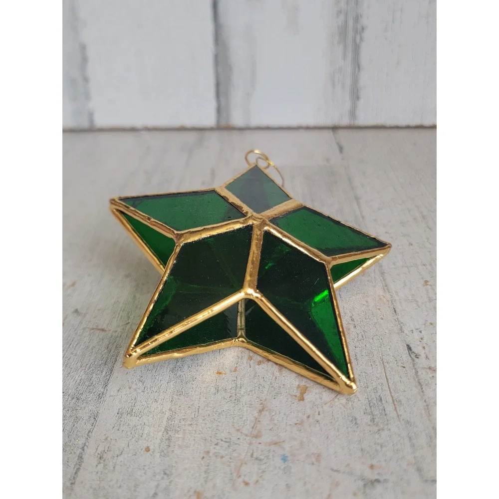 Vintage star green stained glass ornament Xmas unique home decor
